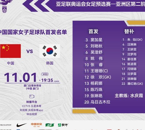 中国女足vs韩国首发：王妍雯、王霜领衔，邵子钦出战